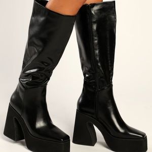 Alesandra Black Square Toe Platform Knee-High Boots - Lulus